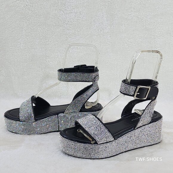 Flashy Black Silver Ankle Strap Sparkling Rhinestone Wedge 2" Platform Sandals - Picture 1 of 5